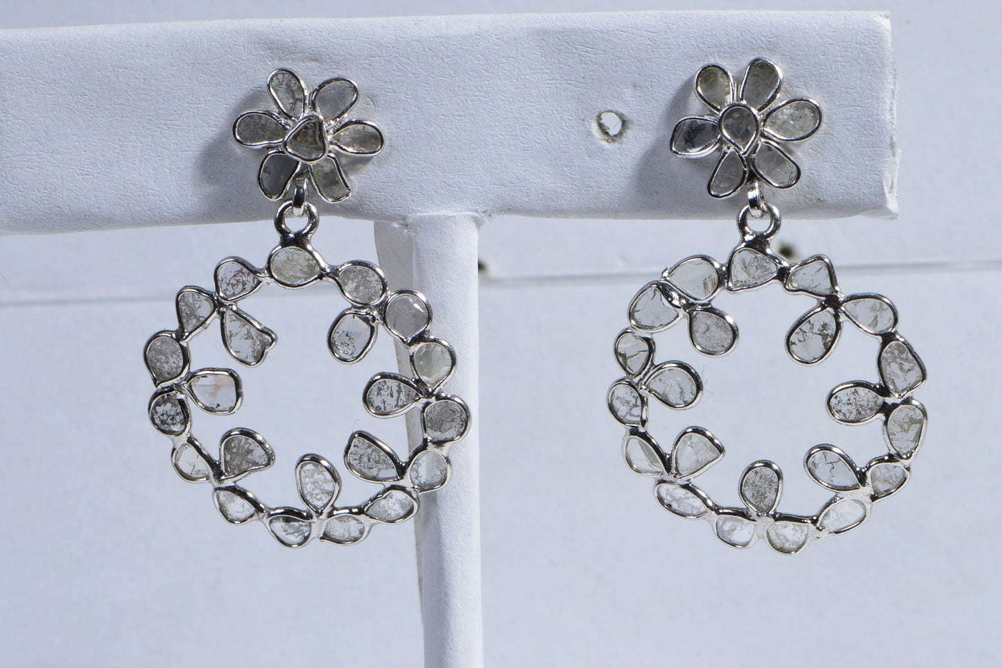 Natural Diamond Polki Earrings Floral Design Dangle Sterling Silver Bridal Earrings Birthstone April