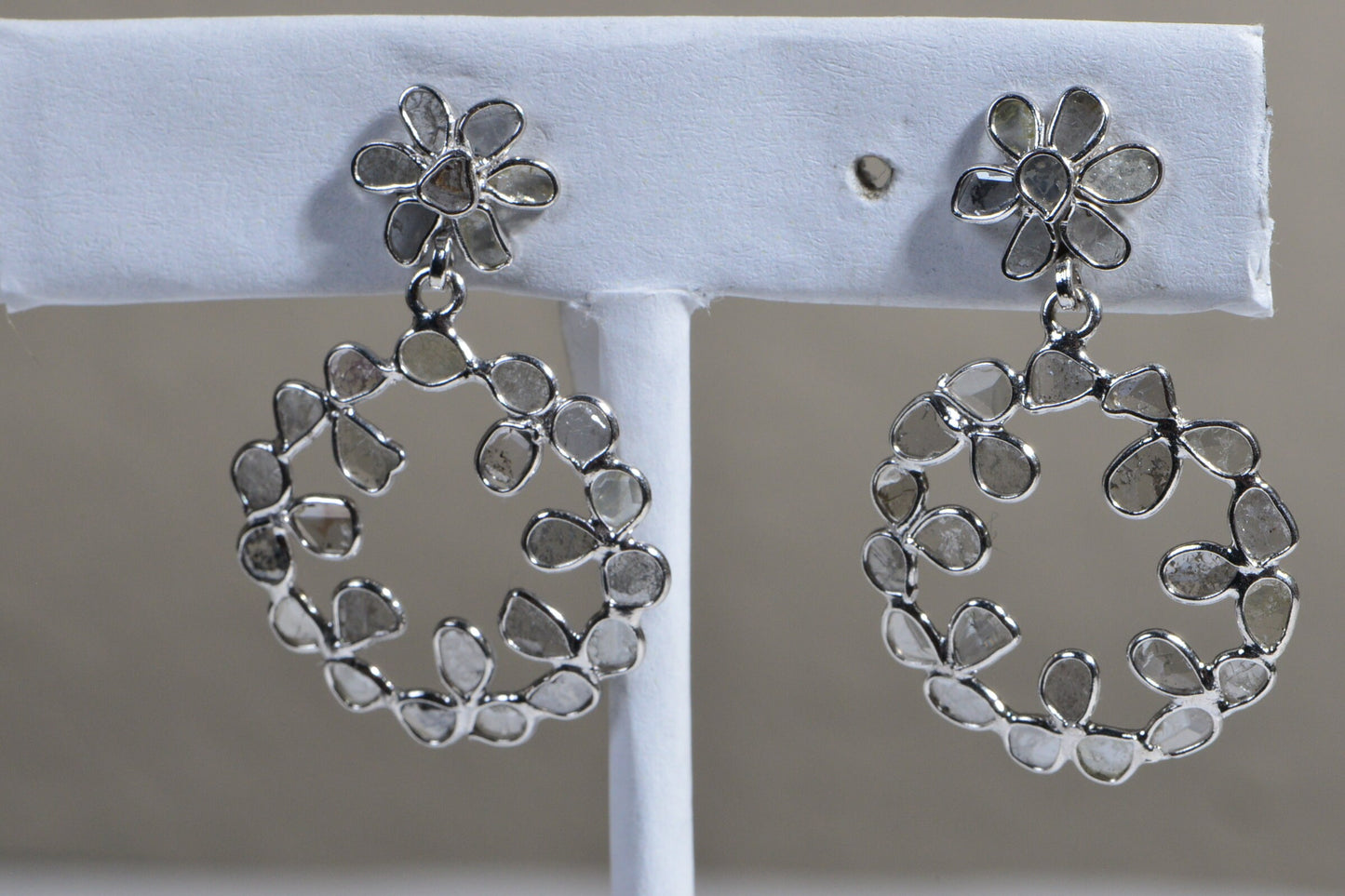 Natural Diamond Polki Earrings Floral Design Dangle Sterling Silver Bridal Earrings Birthstone April