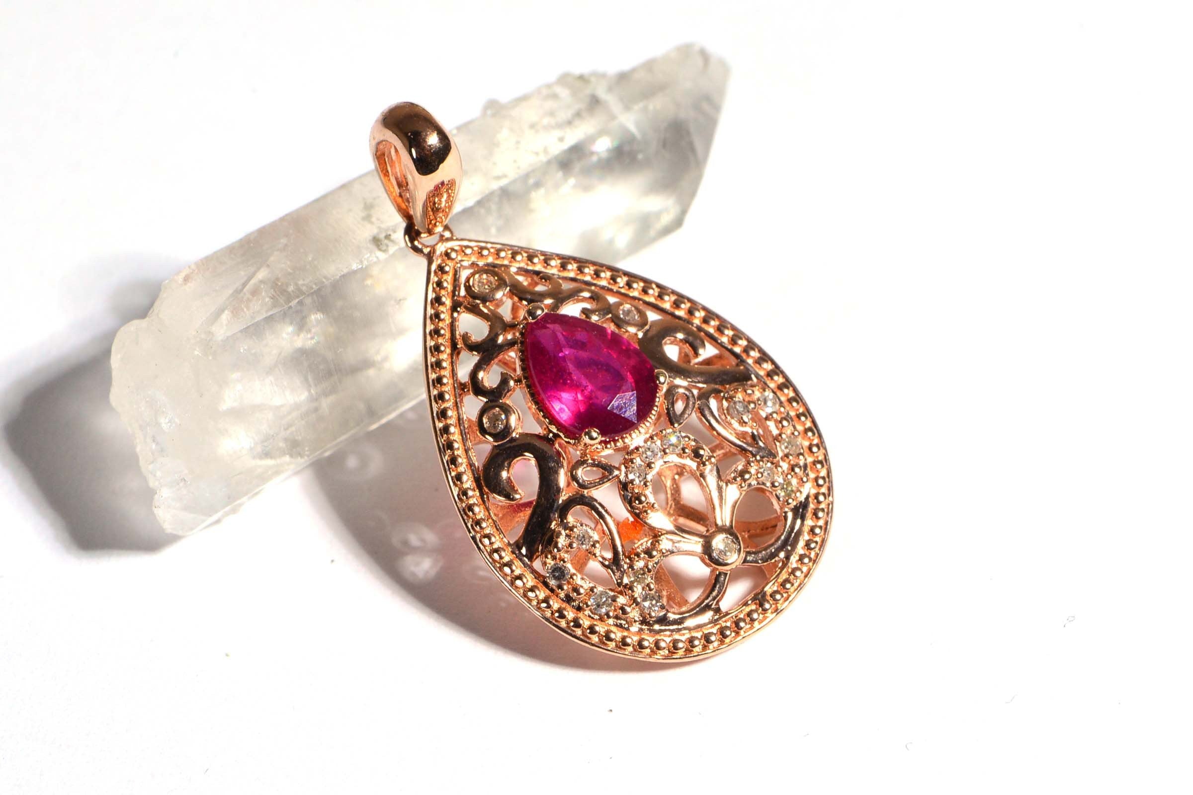 Real Diamond and Ruby Filigree Flower Design Pendant Teardrop Rose Gold Vermeil Necklace Pendant