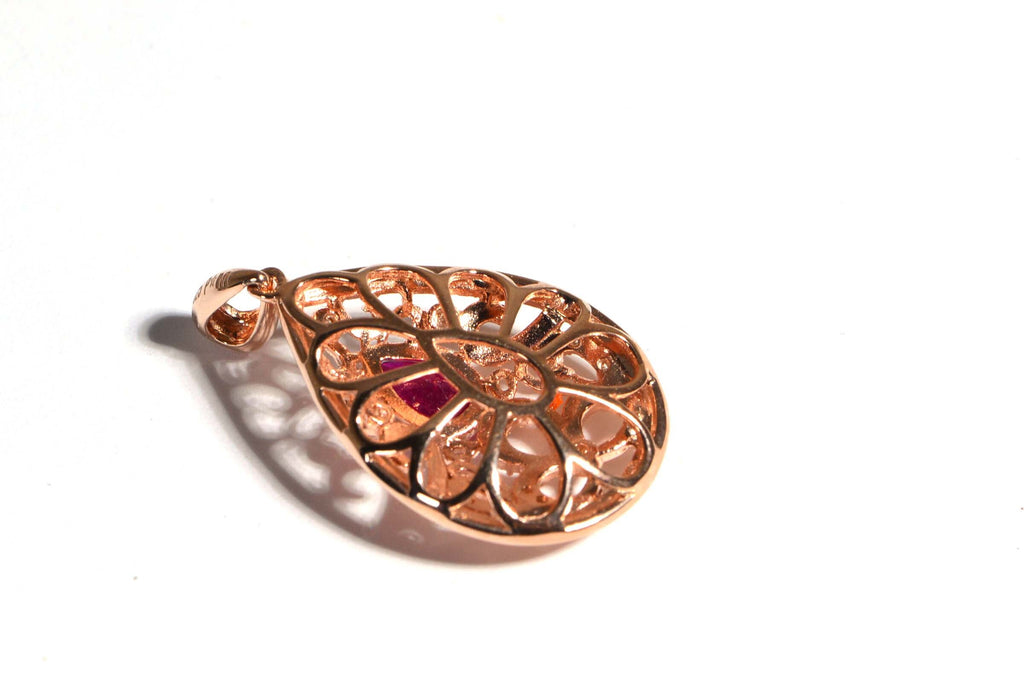 Real Diamond and Ruby Filigree Flower Design Pendant Teardrop Rose Gold Vermeil Necklace Pendant