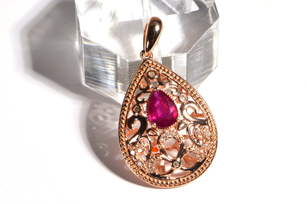 Real Diamond and Ruby Filigree Flower Design Pendant Teardrop Rose Gold Vermeil Necklace Pendant