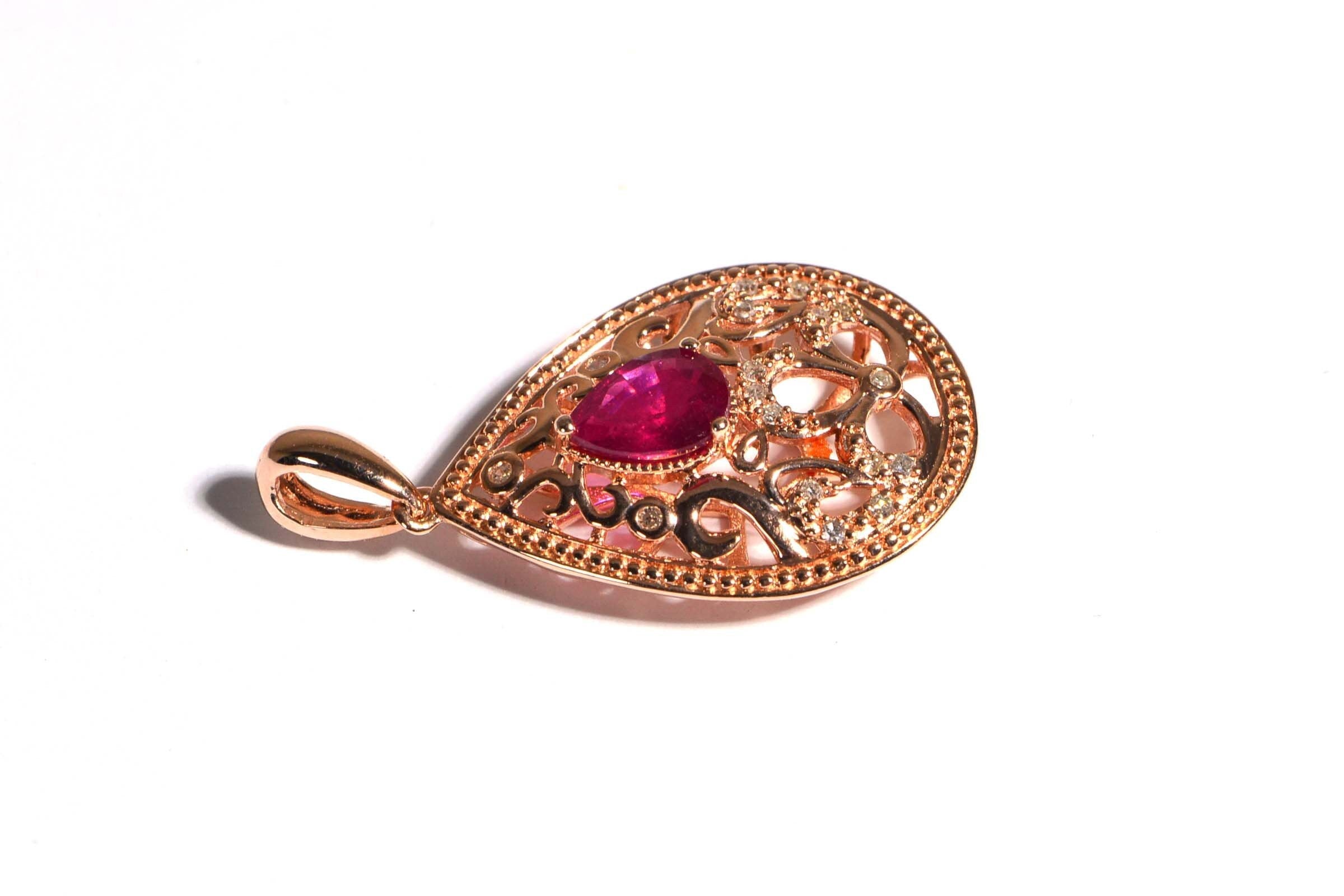 Real Diamond and Ruby Filigree Flower Design Pendant Teardrop Rose Gold Vermeil Necklace Pendant