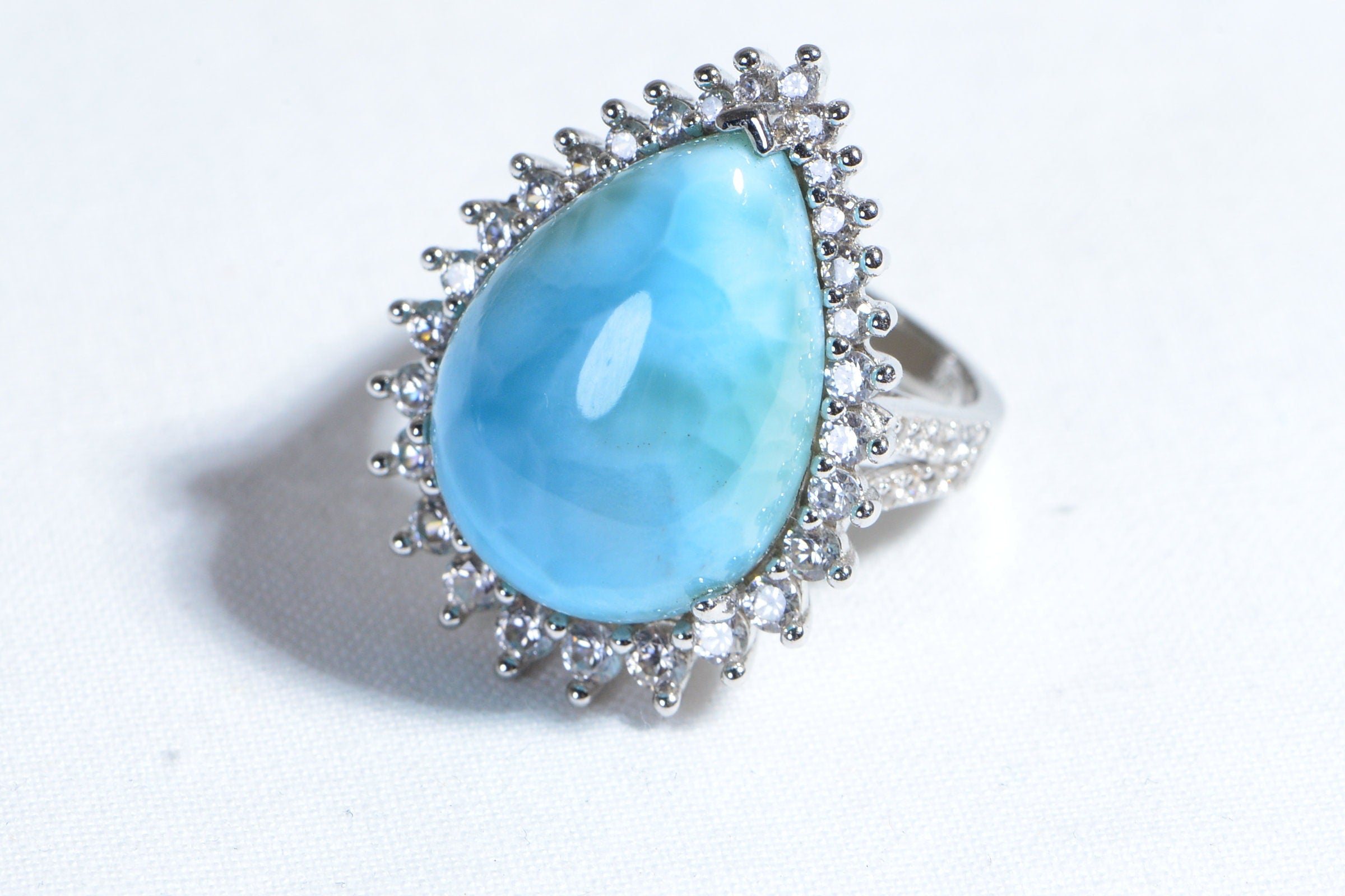 Larimar Silver Rings  Ring Size 8 Surround Diamond Accent Teardrop Large cocktail Fancy Ring