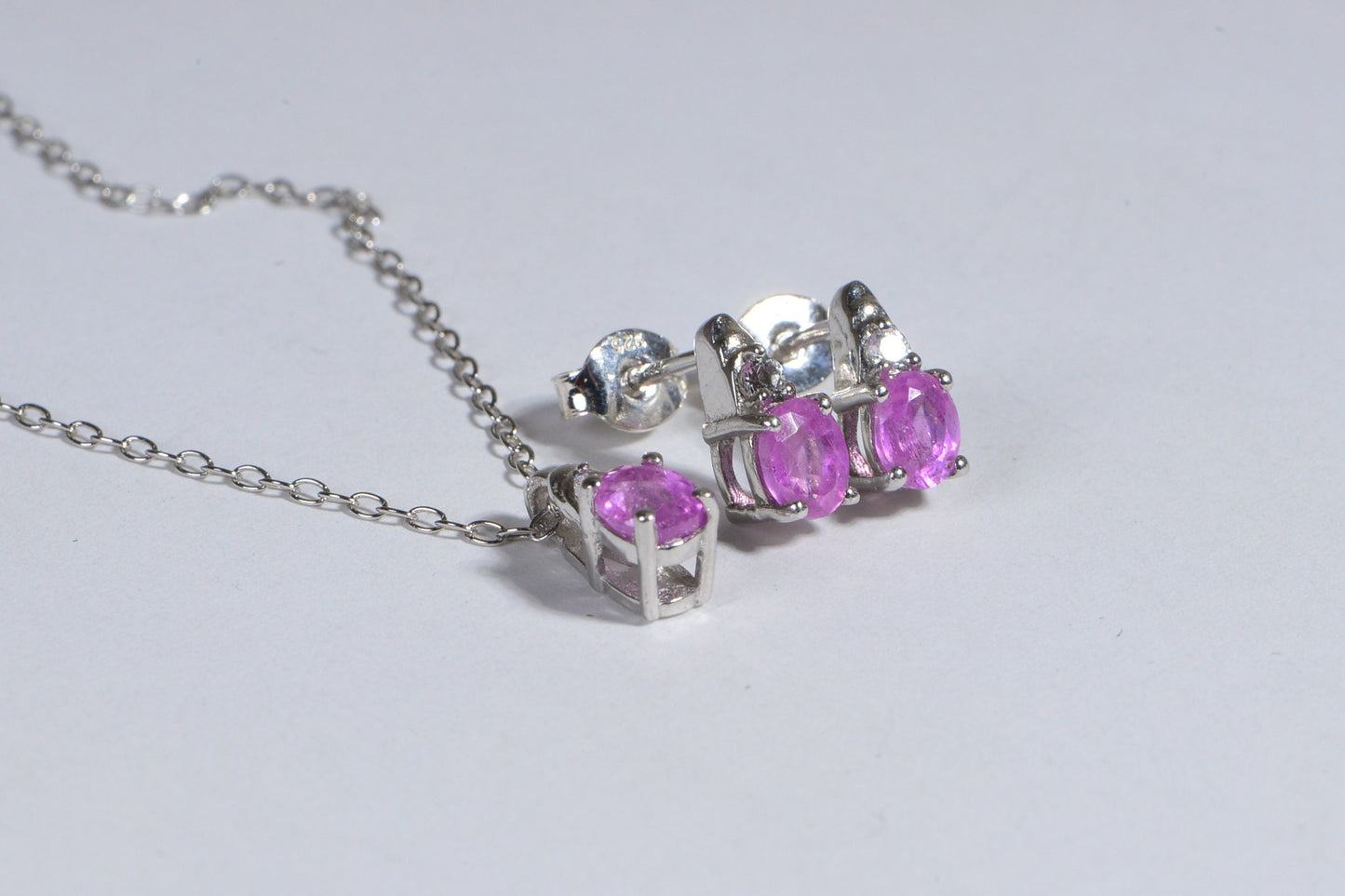 Vintage Pink Sapphire Sterling Silver Jewelry Set, September Birthstone