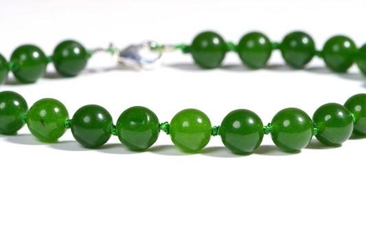 Green Jade Beaded Bracelet, Knotted Mala with Sterling Silver Clasp