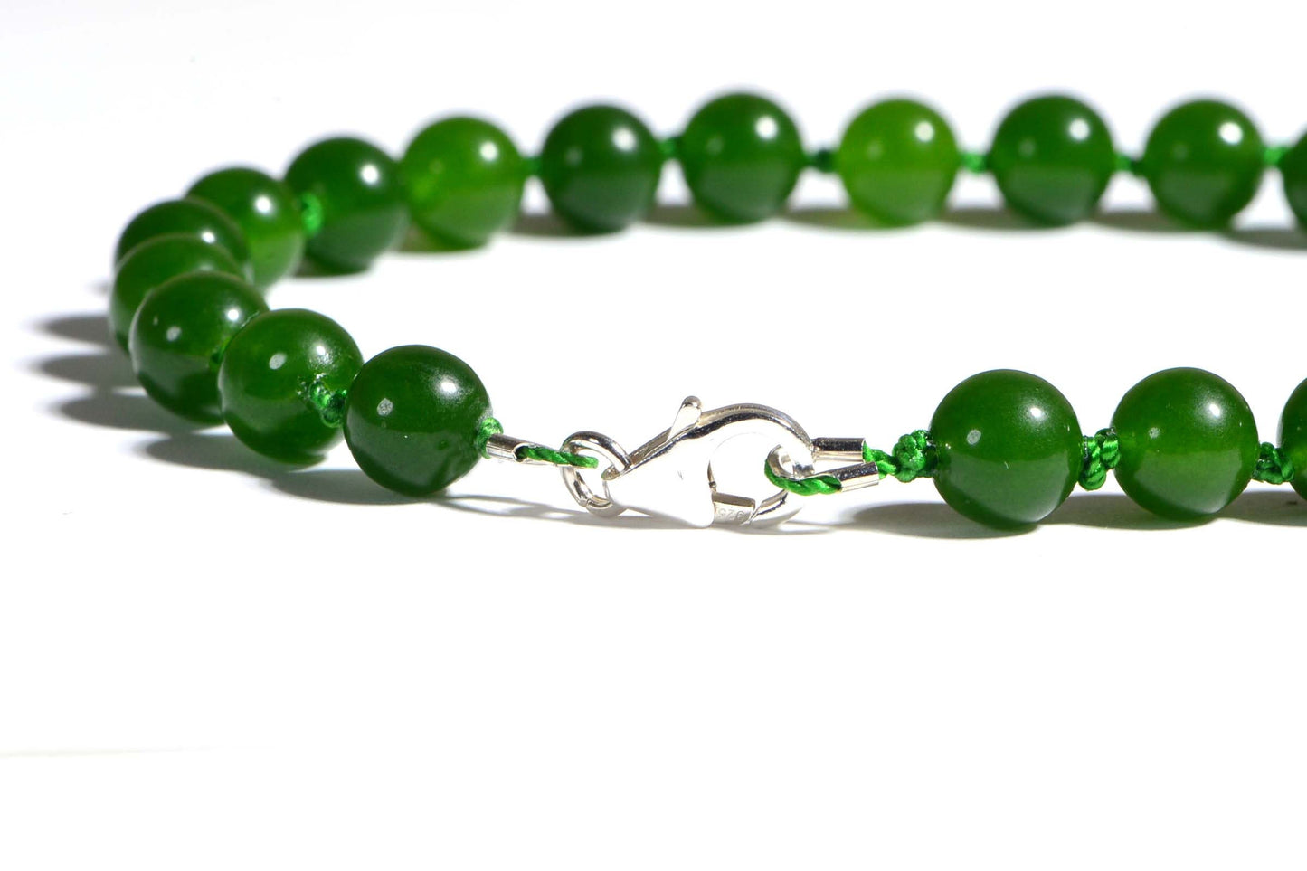 Green Jade Beaded Bracelet, Knotted Mala with Sterling Silver Clasp