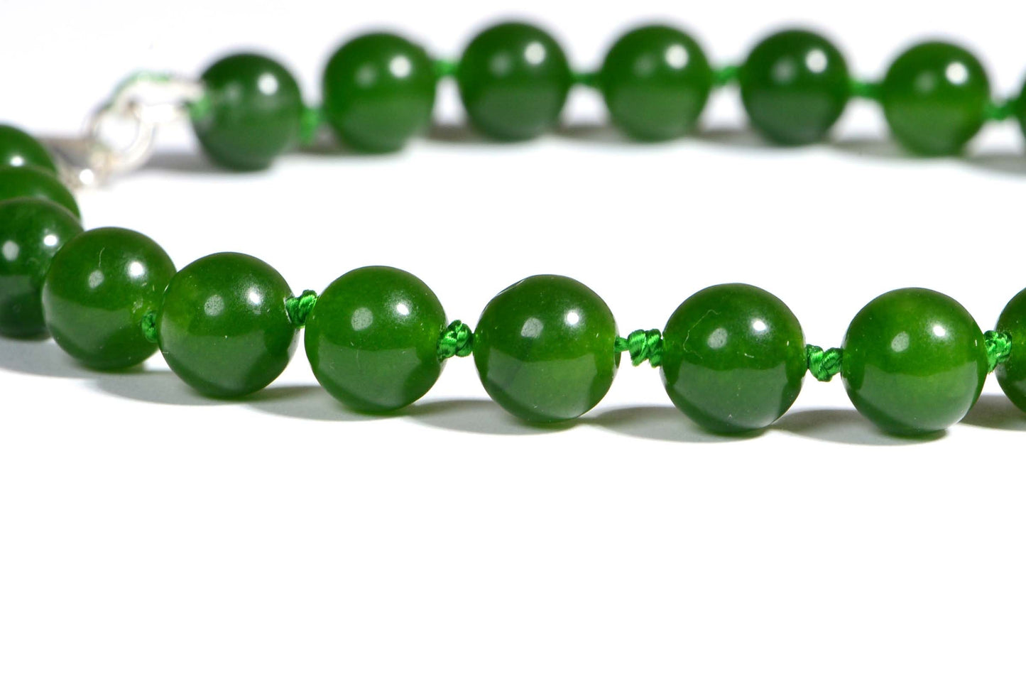Green Jade Beaded Bracelet, Knotted Mala with Sterling Silver Clasp