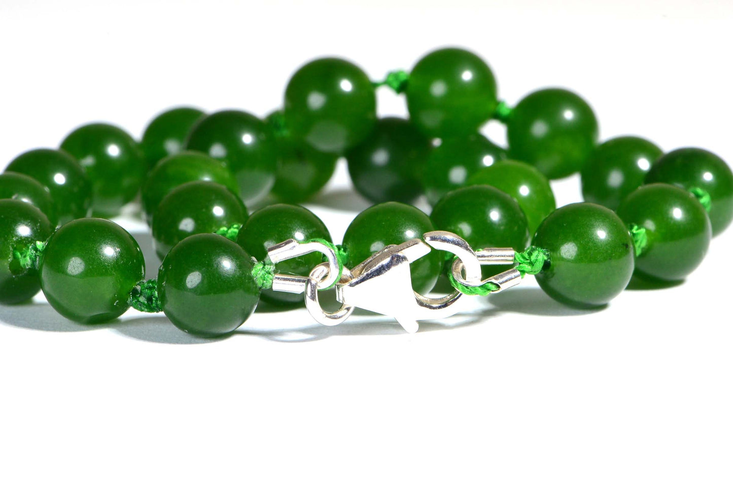 Green Jade Beaded Bracelet, Knotted Mala with Sterling Silver Clasp