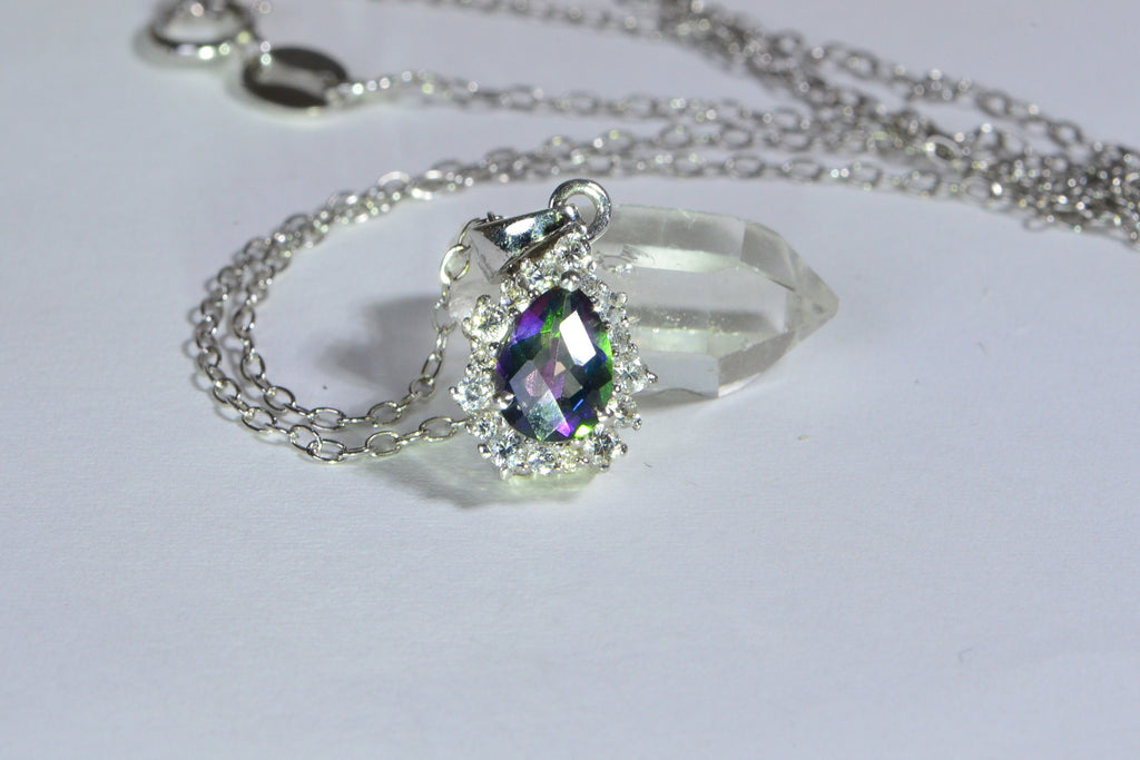 Natural Zircon Mystic Topaz  Sterling Silver Pendant Gemstone Halo Diamond Topaz Necklace
