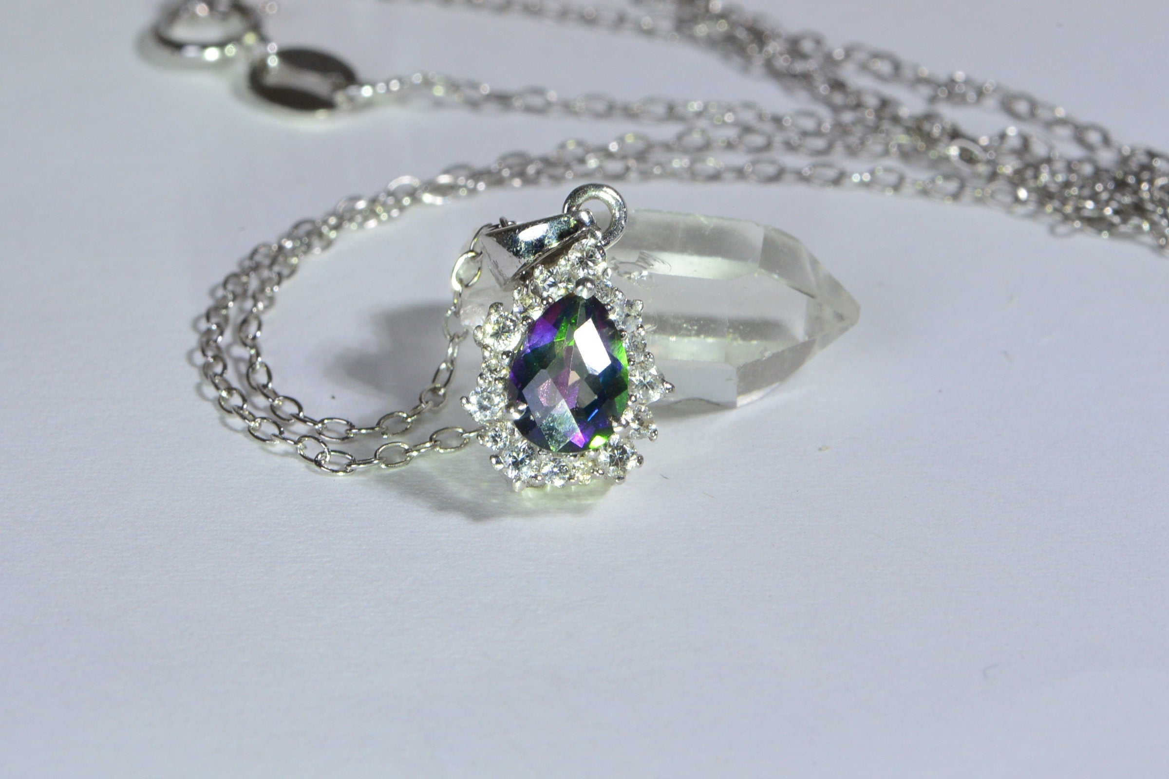 Natural Zircon Mystic Topaz  Sterling Silver Pendant Gemstone Halo Diamond Topaz Necklace