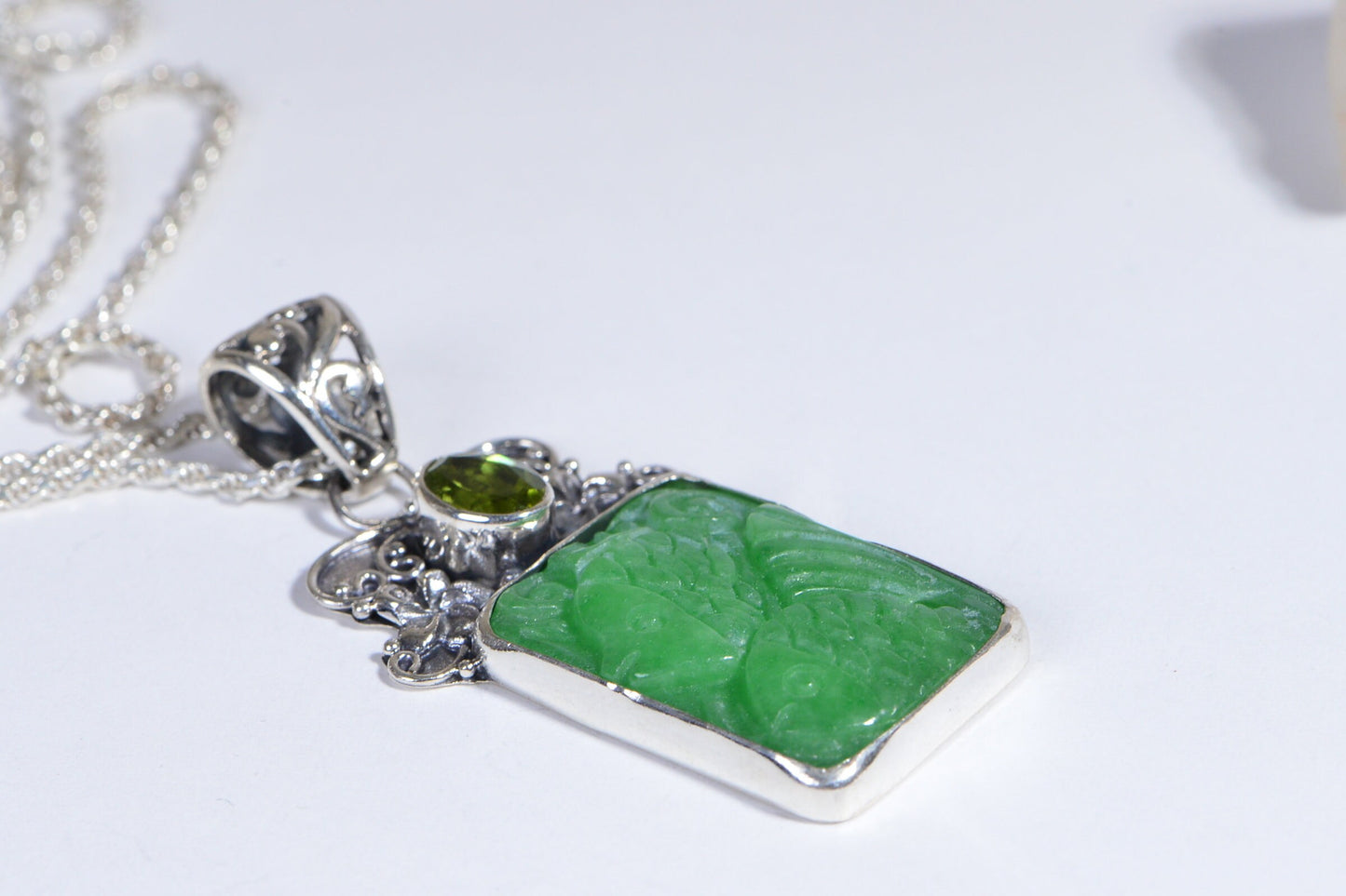 Apple Green Jade Carved Fish Pendant, Sterling Silver Peridot Necklace