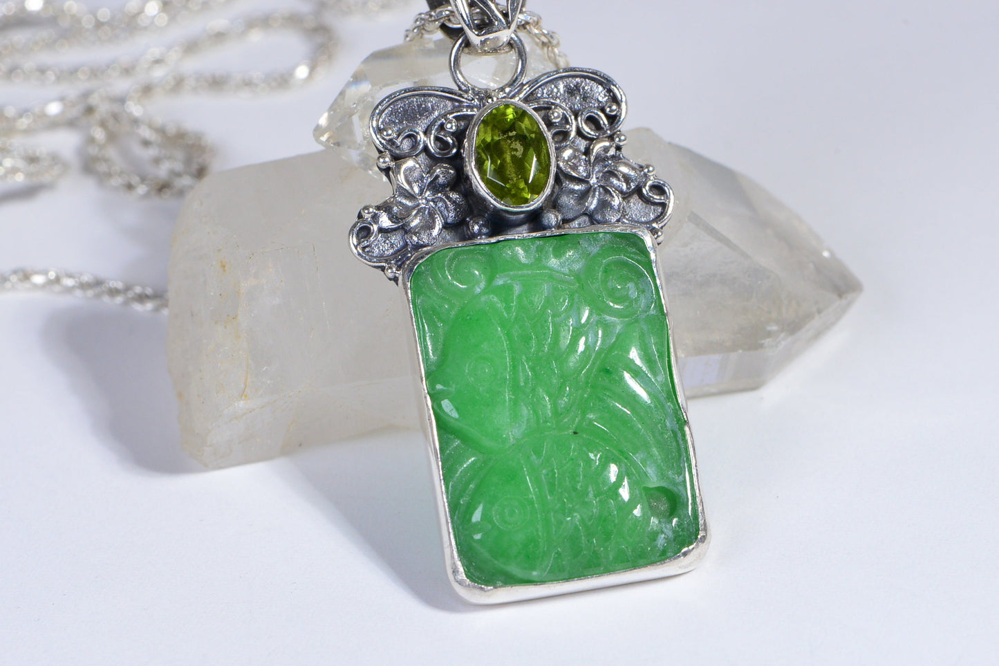 Apple Green Jade Carved Fish Pendant, Sterling Silver Peridot Necklace