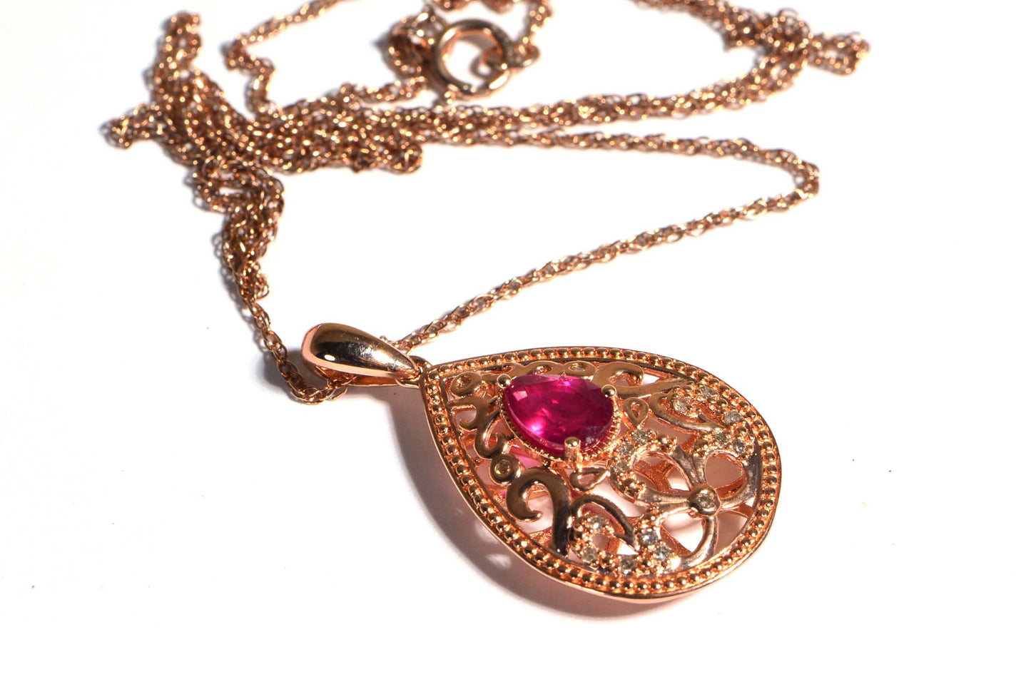 Ruby Diamond Rose Gold Necklace, Filigree Teardrop Pendant