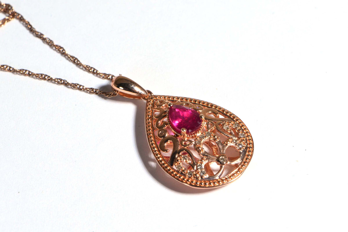 Ruby Diamond Rose Gold Necklace, Filigree Teardrop Pendant