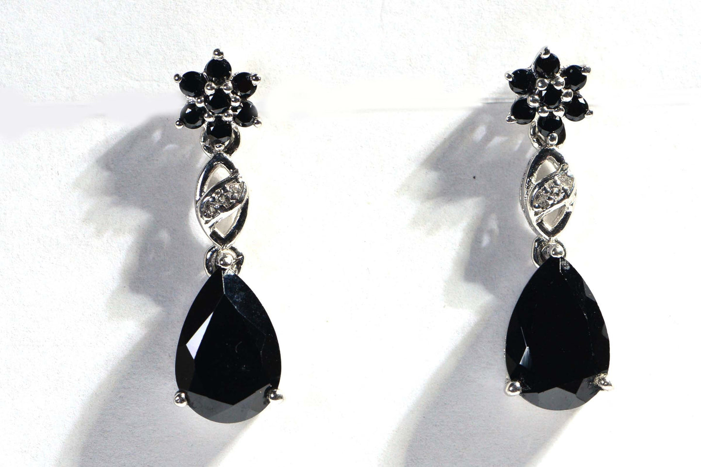 Black Spinel Teardrop Earrings, Floral Sterling Silver Studs