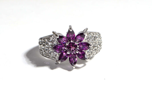 Purple Garnet Flower Ring: Sterling Silver Estate Jewelry