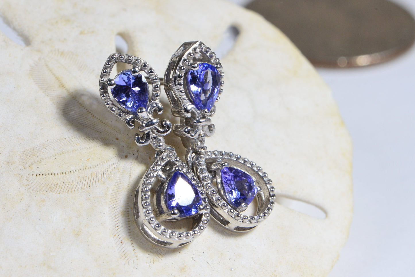 Tanzanite Dangle Earrings, Fleur De Lis Teardrop Studs, December Birthstone
