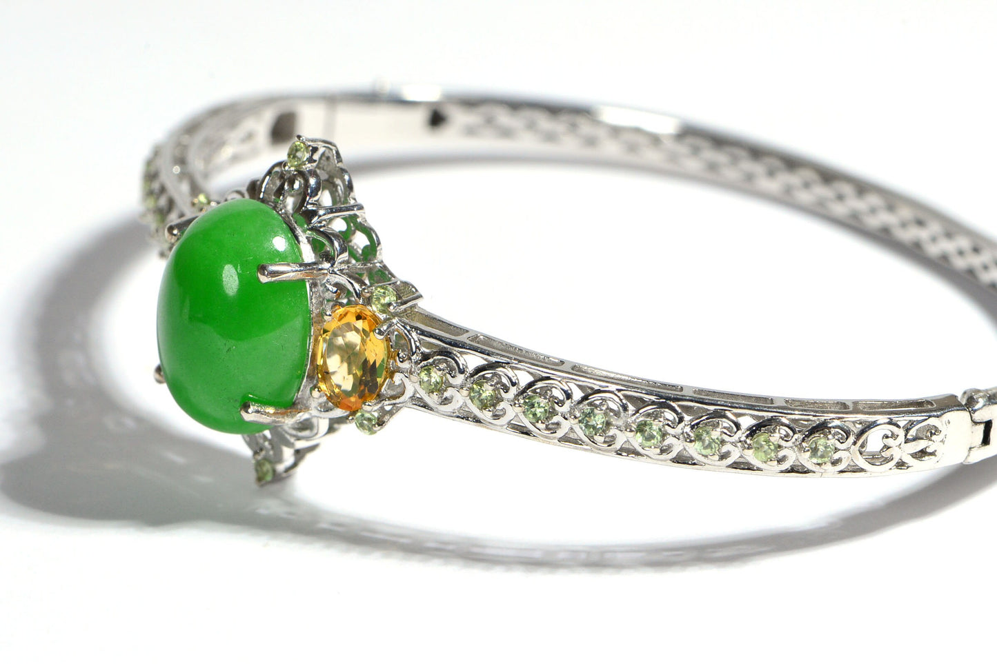 Burmese Green Jade Bracelet, Citrine Peridot Sterling Silver Toggle Clasp