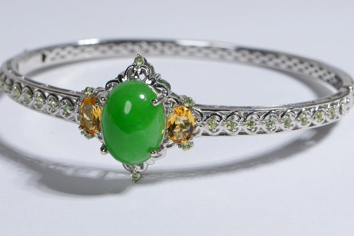 Burmese Green Jade Bracelet, Citrine Peridot Sterling Silver Toggle Clasp