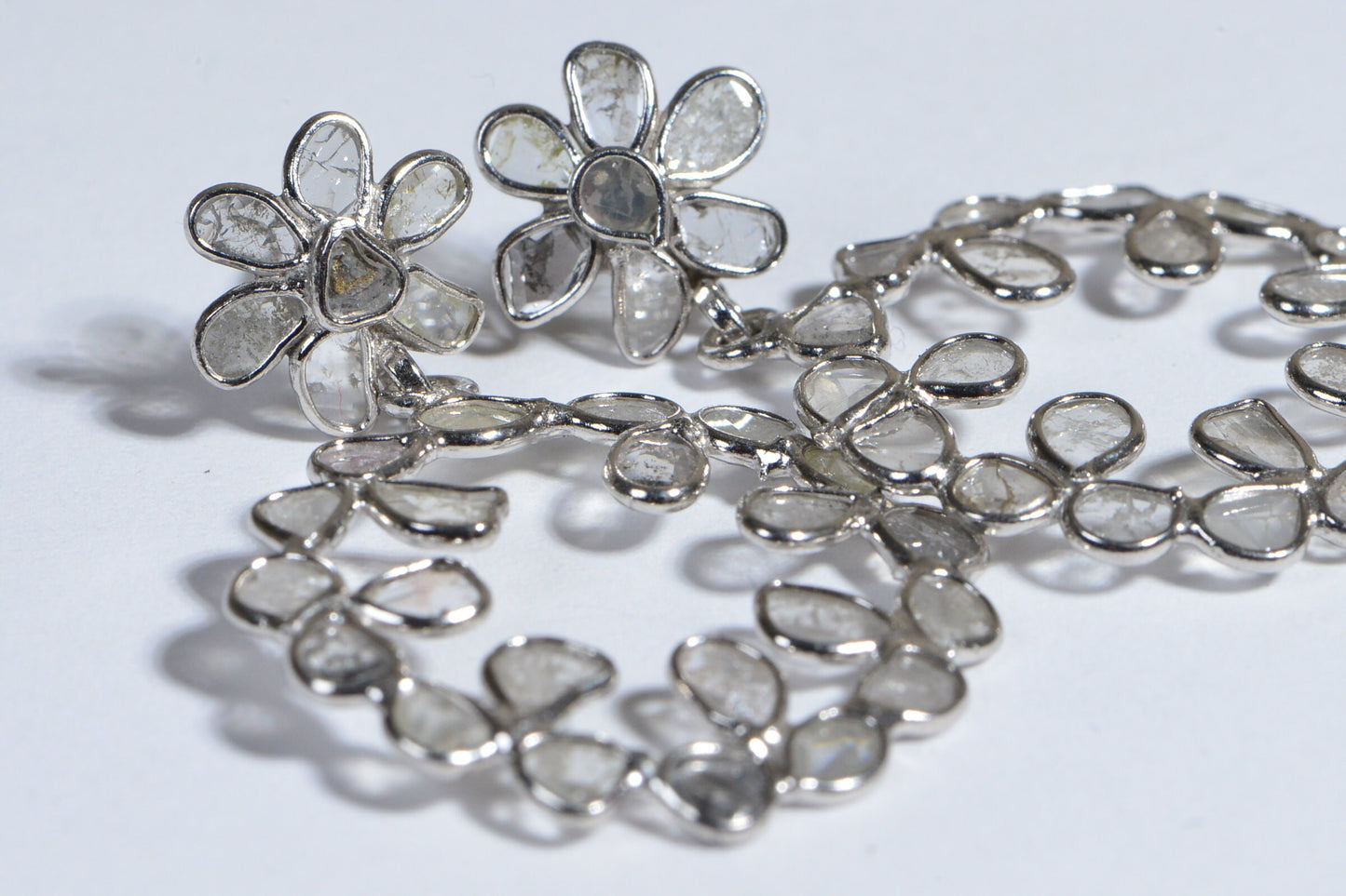 Natural Diamond Polki Earrings Floral Design Dangle Sterling Silver Bridal Earrings Birthstone April