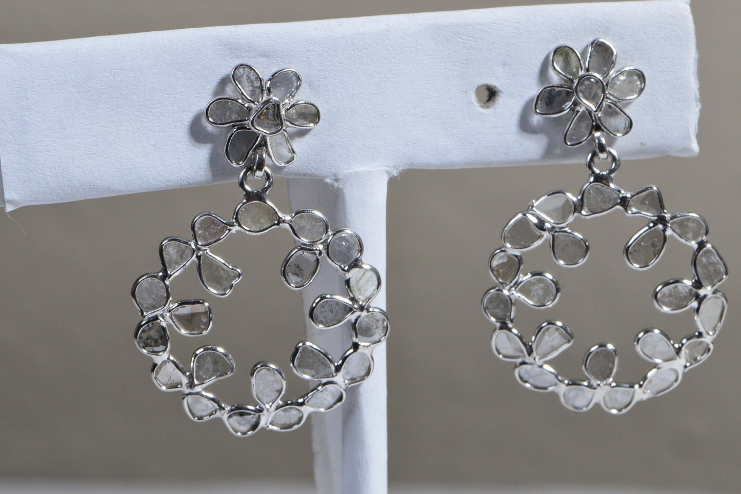 Natural Diamond Polki Earrings Floral Design Dangle Sterling Silver Bridal Earrings Birthstone April