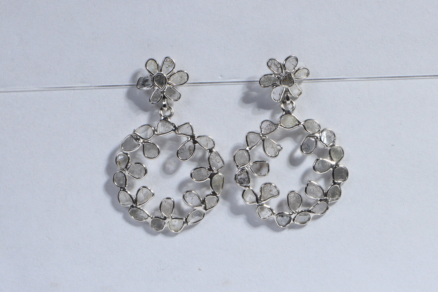 Natural Diamond Polki Earrings Floral Design Dangle Sterling Silver Bridal Earrings Birthstone April