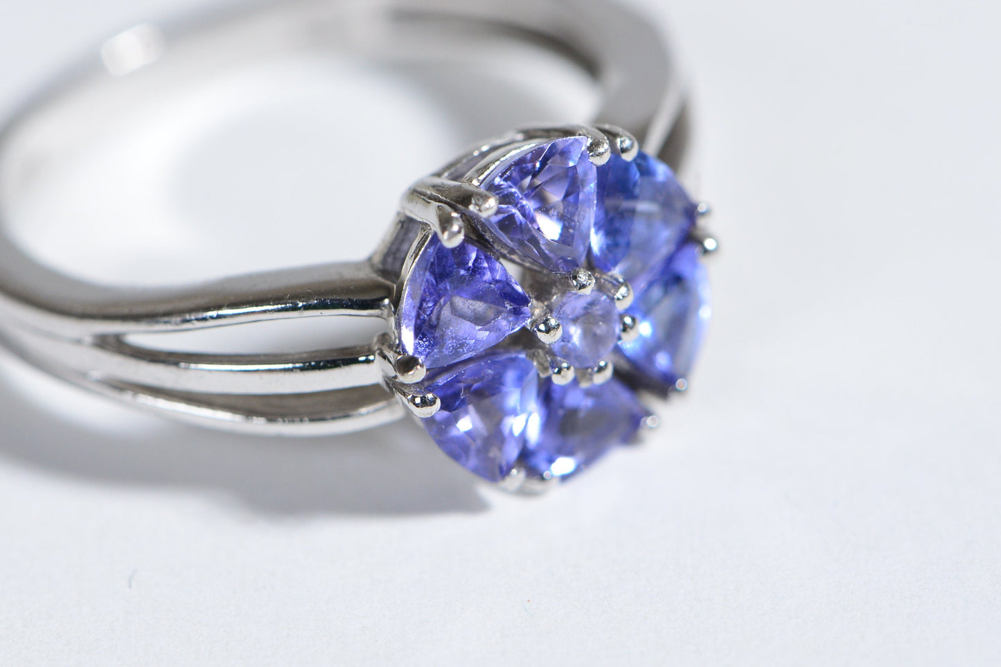 Vintage Trillion Cut Tanzanite Flower Ring, Sterling Silver Floral Cluster