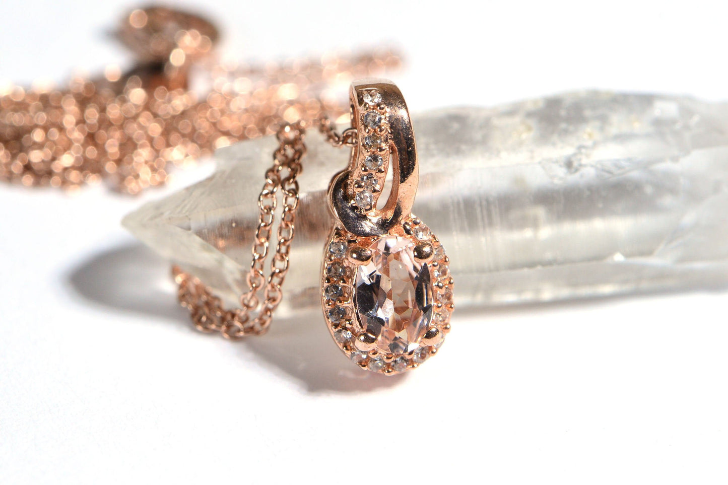 Pink Morganite Oval Halo Necklace, Vermeil Rose Gold Sterling Silver, 20 Inch