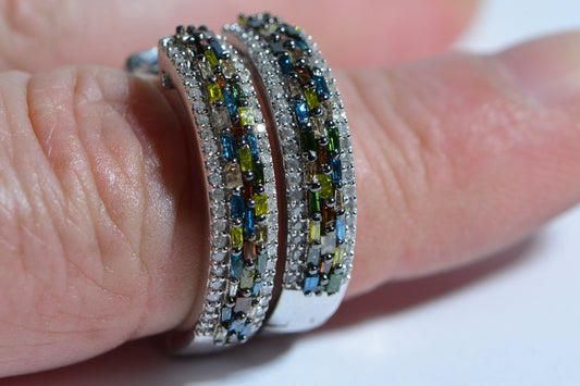 Multi Color Genuine Diamond Large Hinge Hoop Earrings Sterling Silver Vintage Style  1970s