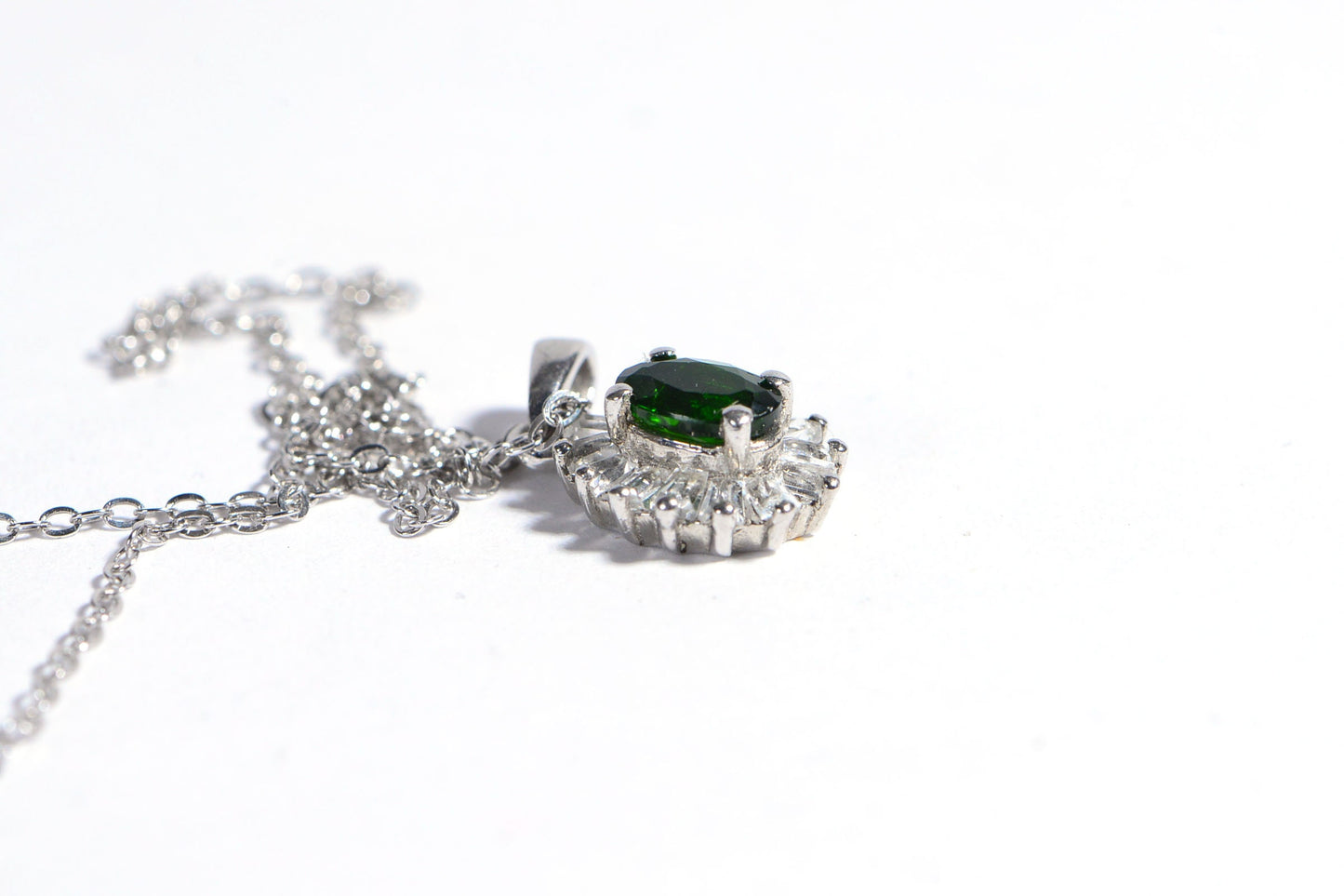 Chrome Diopside Sterling Silver Pendant Necklace, Baguette CZ Halo