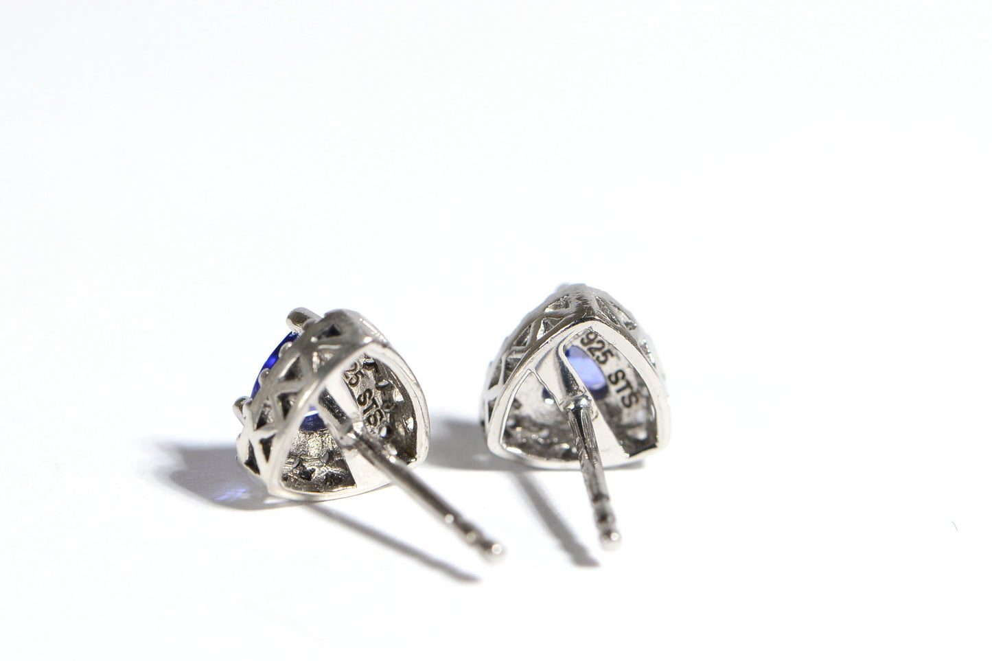Trillion Tanzanite Diamond Halo Stud Earrings, Sterling Silver