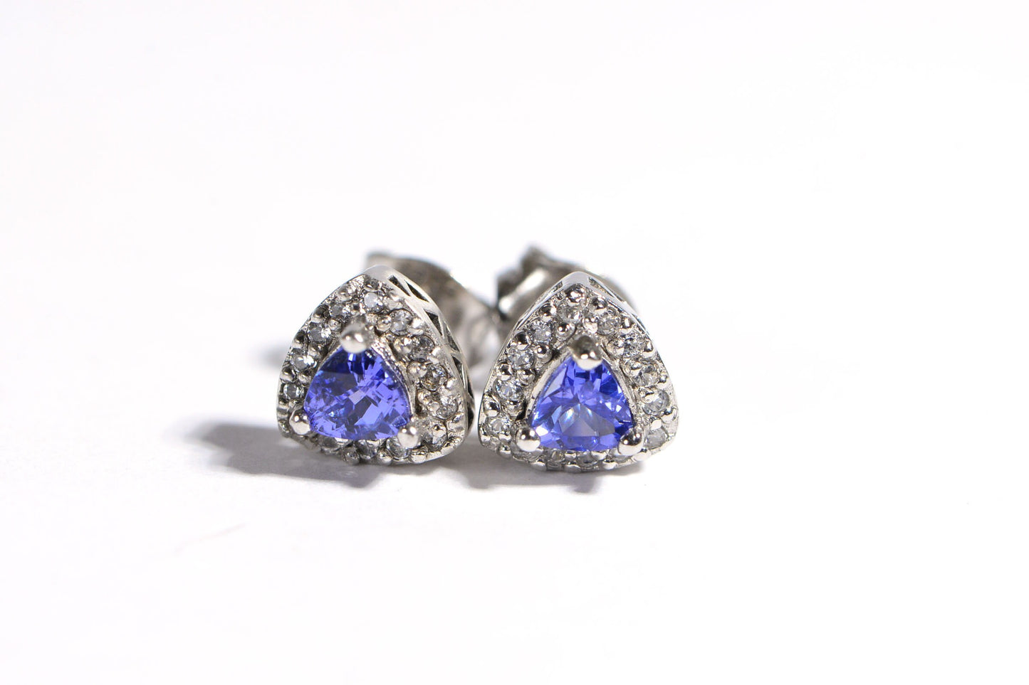 Trillion Tanzanite Diamond Halo Stud Earrings, Sterling Silver