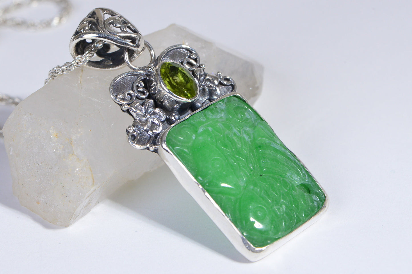 Apple Green Jade Carved Fish Pendant, Sterling Silver Peridot Necklace