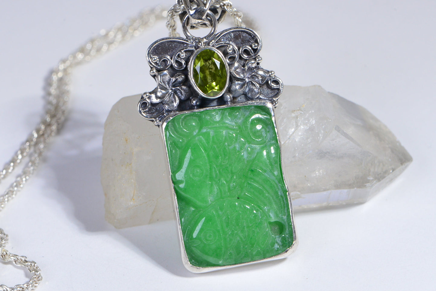 Apple Green Jade Carved Fish Pendant, Sterling Silver Peridot Necklace
