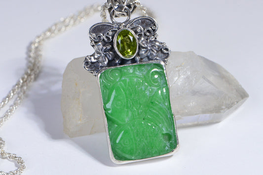 Apple Green Jade Carved Fish Pendant, Sterling Silver Peridot Necklace