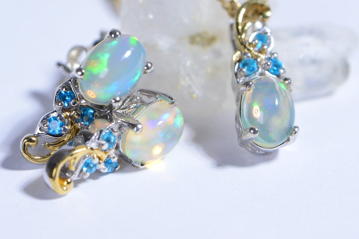 Ethiopian Opal Apatite Sterling Silver Earrings Pendant Set