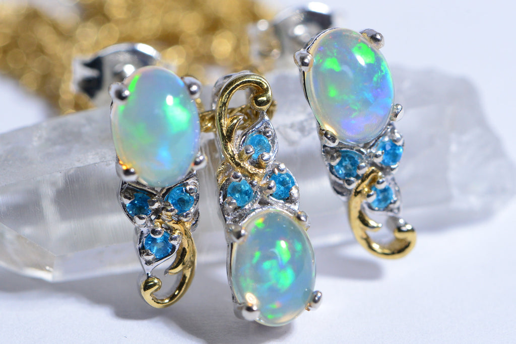 Ethiopian Opal Apatite Sterling Silver Earrings Pendant Set