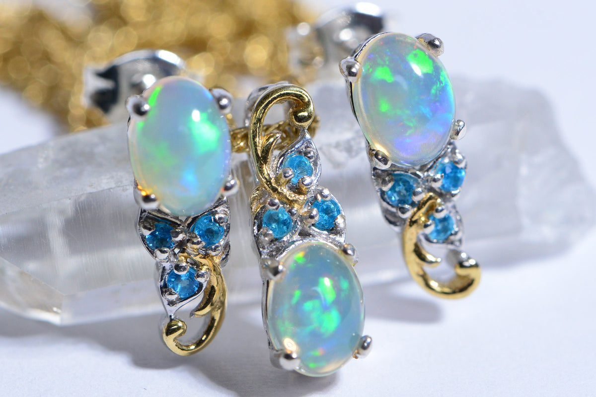 Ethiopian Opal Apatite Sterling Silver Earrings Pendant Set