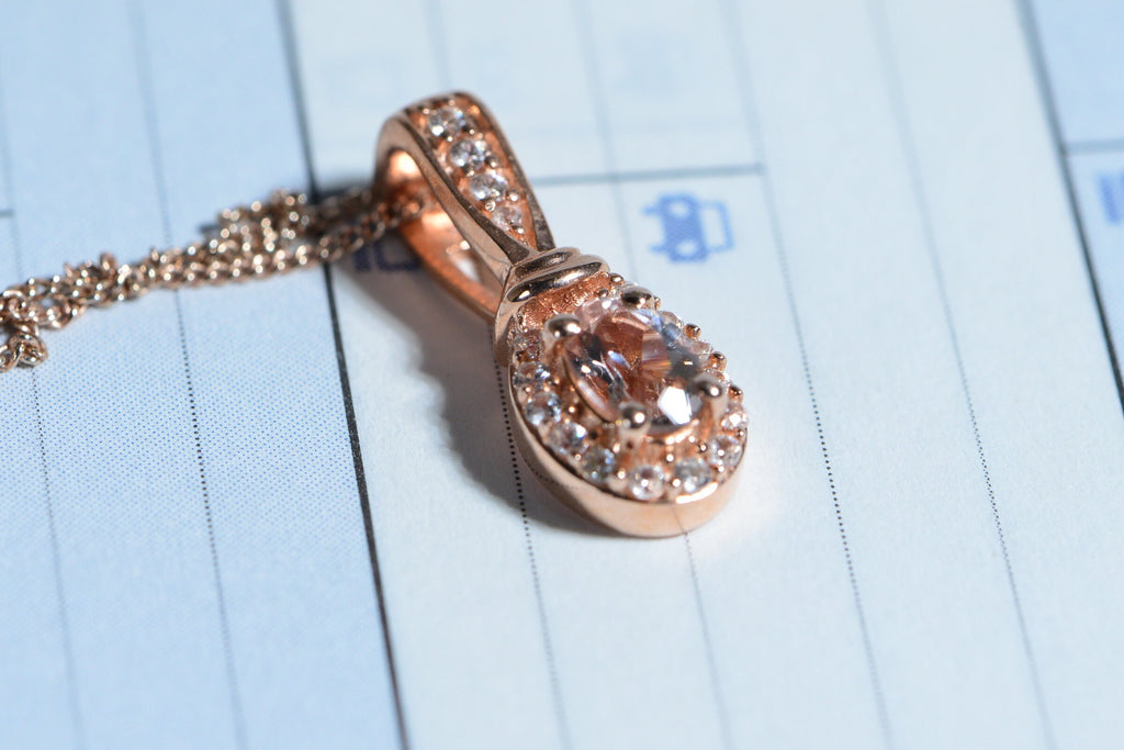 Vintage Morganite Halo Necklace: Rose Gold Sterling Silver Pendant