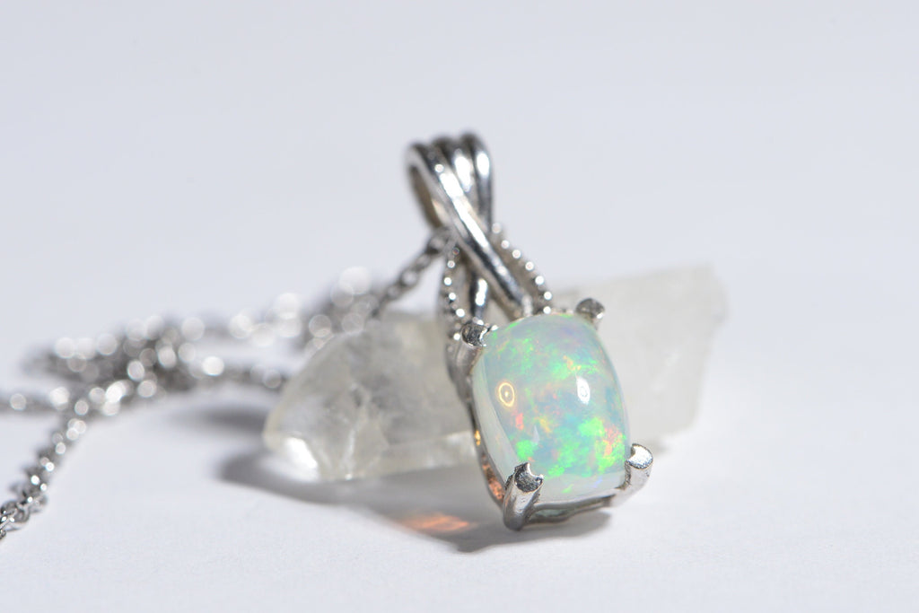 Australian White Opal Solid  Emerald Cut Pendant Sterling Silver Necklace  Birthstone October