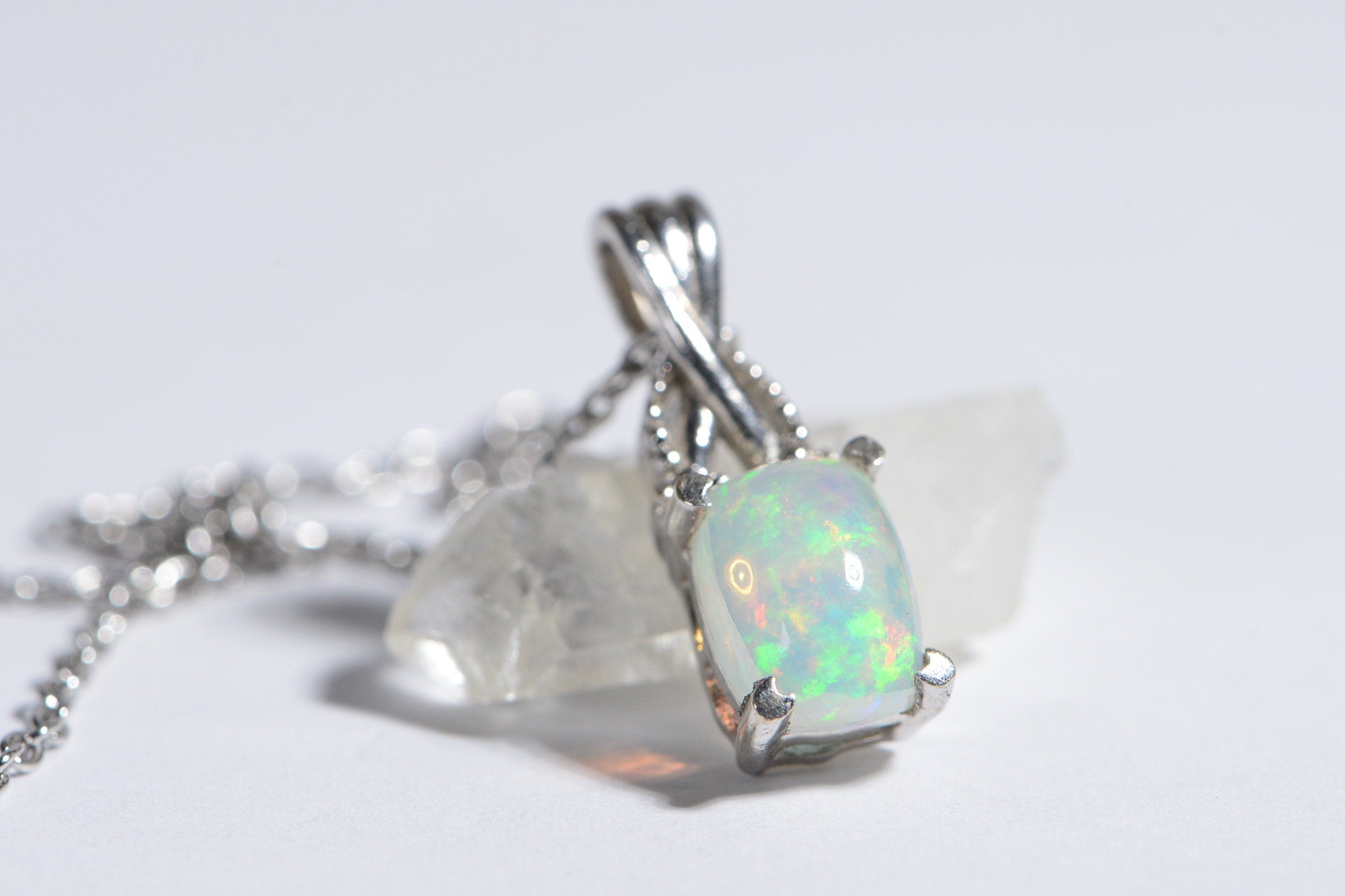 Australian White Opal Solid  Emerald Cut Pendant Sterling Silver Necklace  Birthstone October