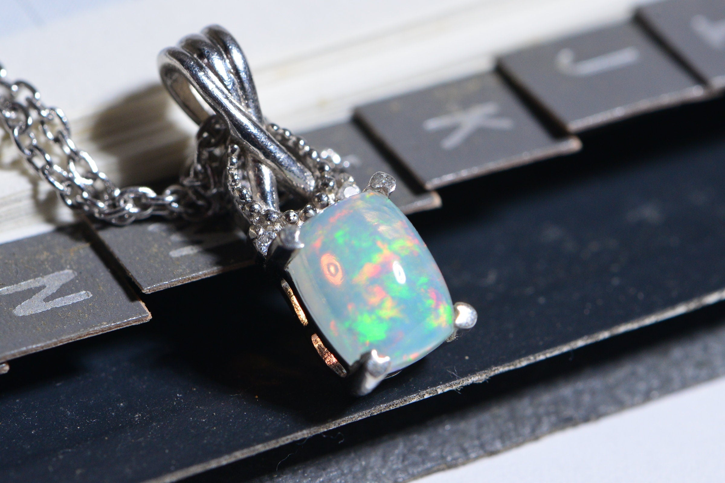 Australian White Opal Solid  Emerald Cut Pendant Sterling Silver Necklace  Birthstone October