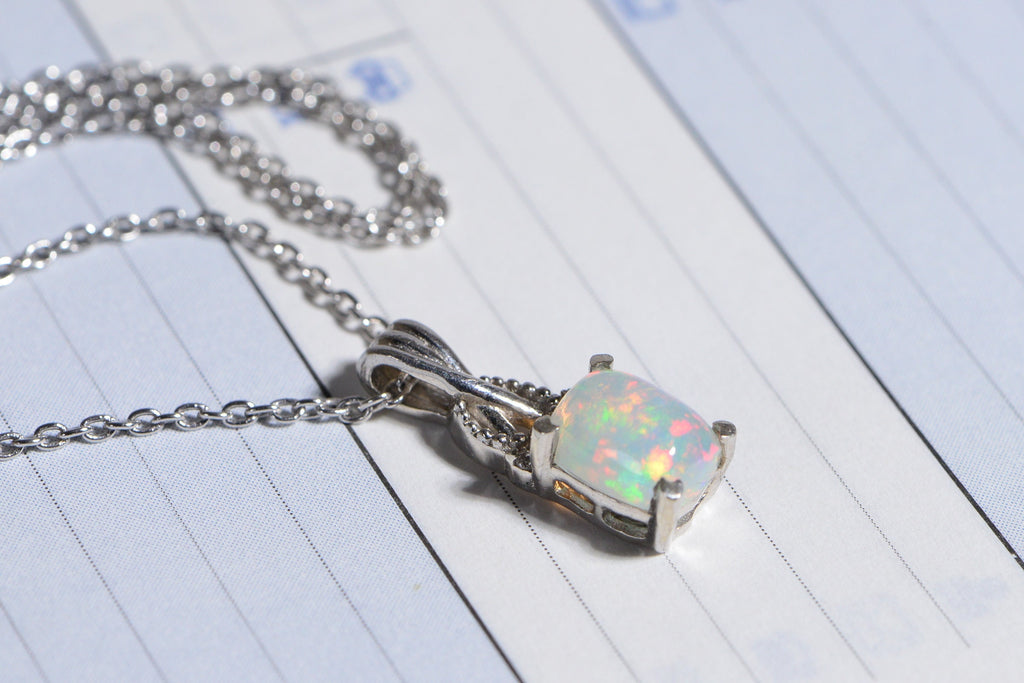 Australian White Opal Solid  Emerald Cut Pendant Sterling Silver Necklace  Birthstone October