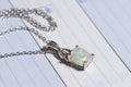 Australian White Opal Solid  Emerald Cut Pendant Sterling Silver Necklace  Birthstone October