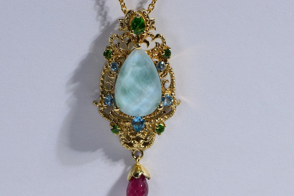 Larimar Multi Stone Pendant 14K Yellow Gold Vermeil Pendant Necklace Teardrop Gift For Girlfriend Vintage Pendant