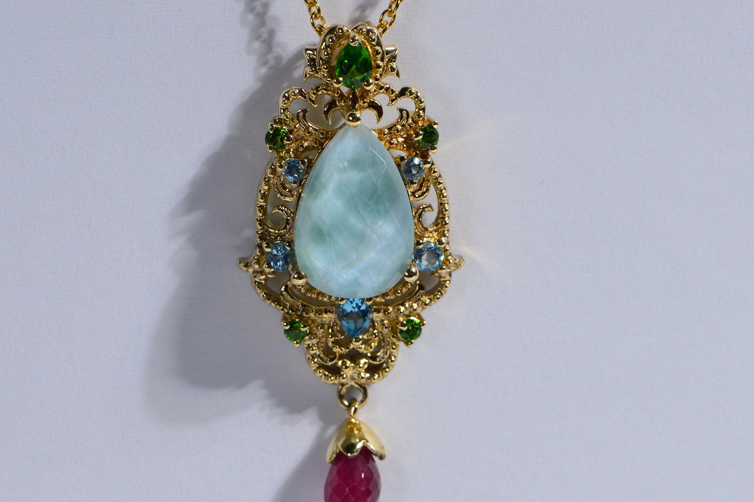 Larimar Multi Stone Pendant 14K Yellow Gold Vermeil Pendant Necklace Teardrop Gift For Girlfriend Vintage Pendant