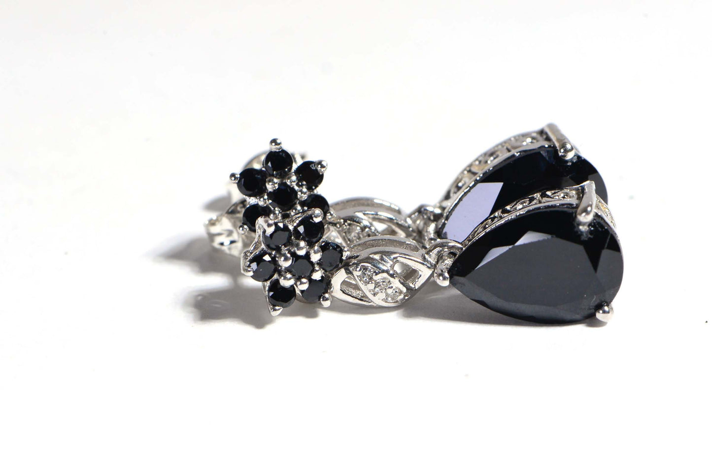 Black Spinel Teardrop Earrings, Floral Sterling Silver Studs