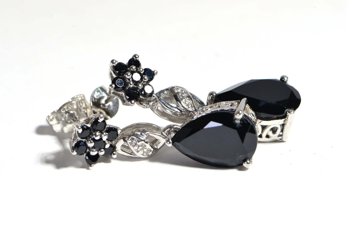 Black Spinel Teardrop Earrings, Floral Sterling Silver Studs