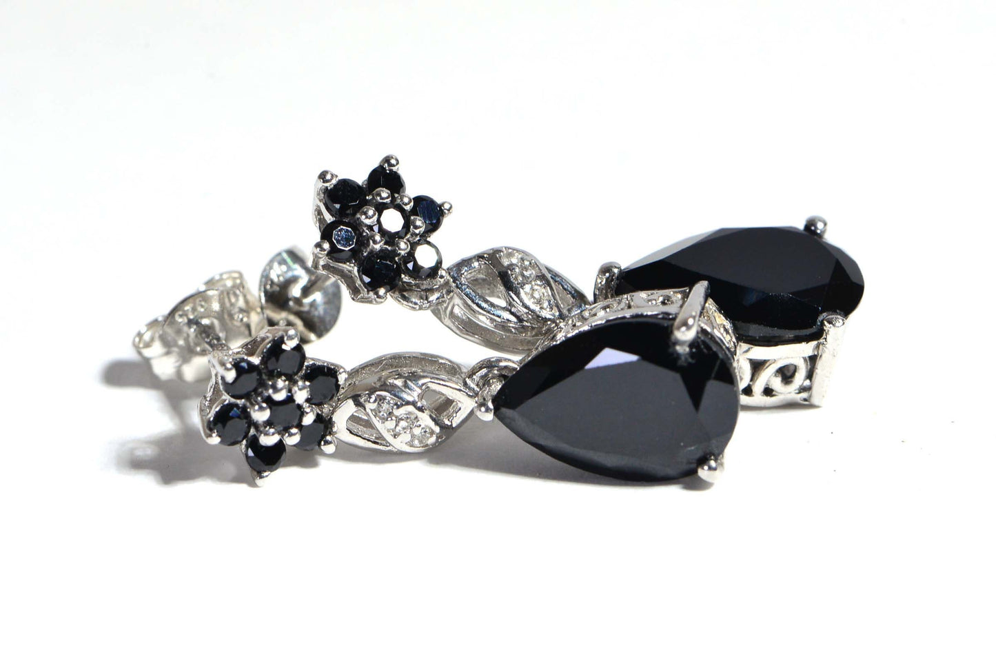 Black Spinel Teardrop Earrings, Floral Sterling Silver Studs