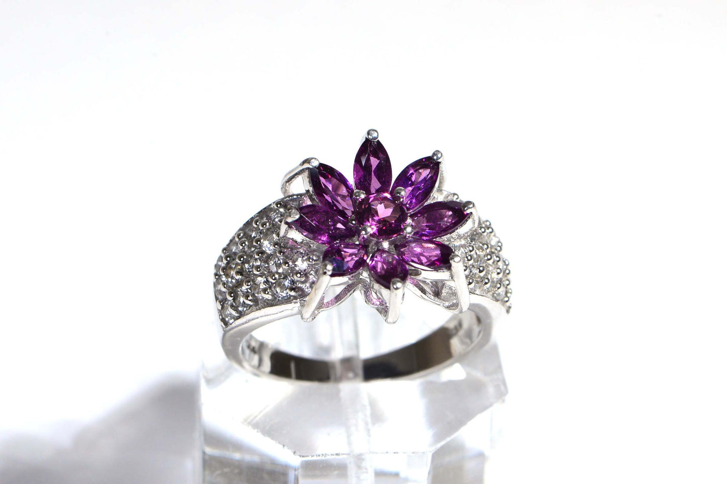 Purple Garnet Flower Ring: Sterling Silver Estate Jewelry
